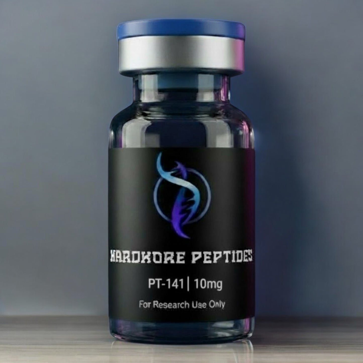 blue top glass vial, black label, research peptide, compound